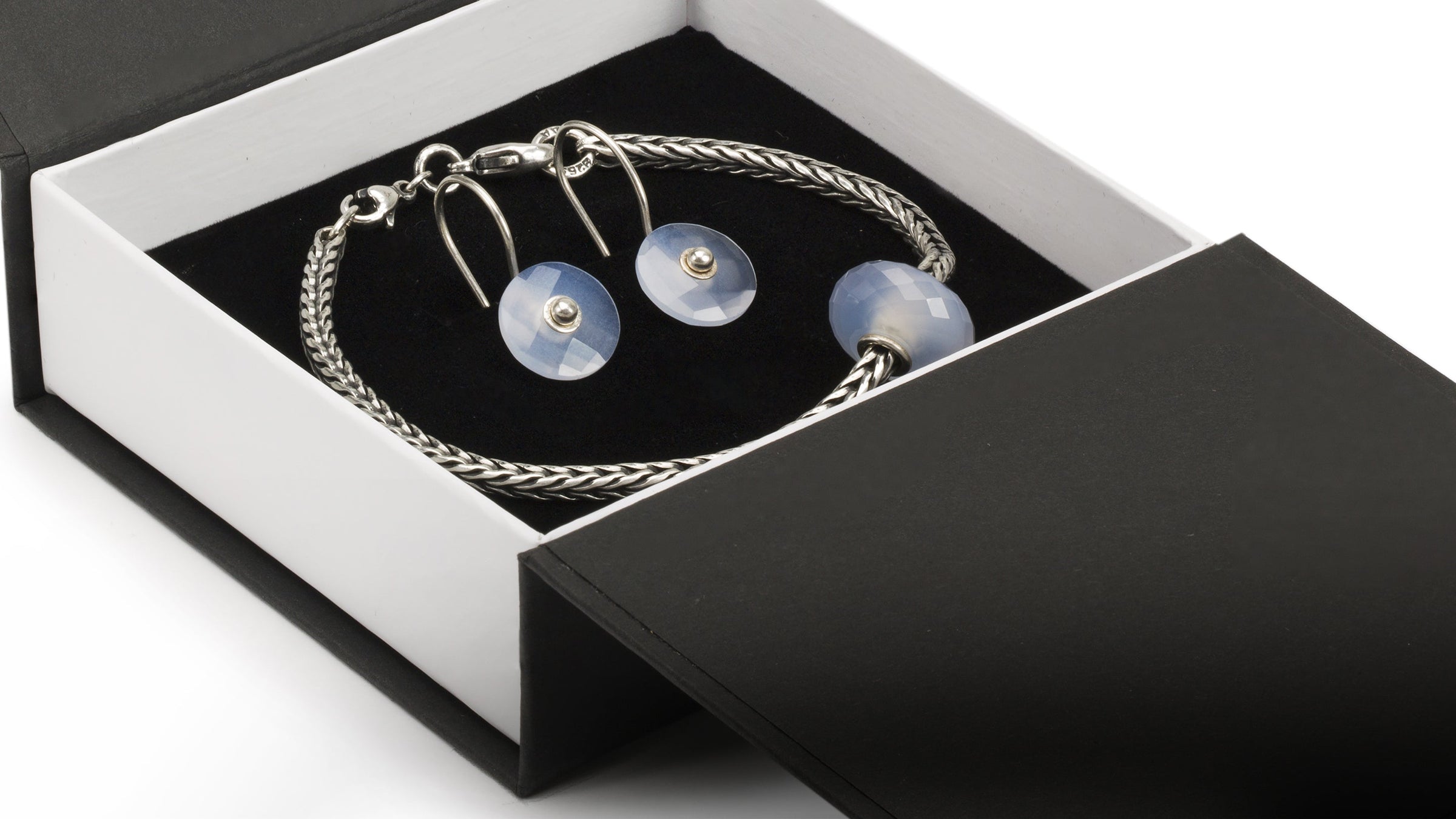 gift set with calcedonia earring hooks, and a silver foxtail bracelet with a calcedony bead and simple clasp