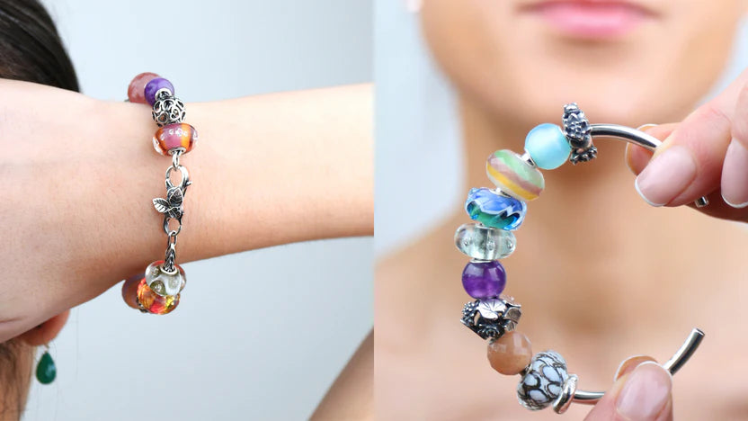 Model mit Armbändern und Armspangen voller bunter Beads