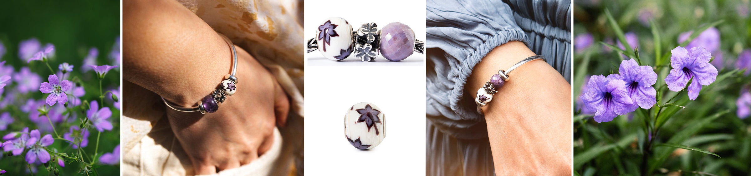 Desktop-Moodboard mit lila Blumen und der Club Bead Silent Moments