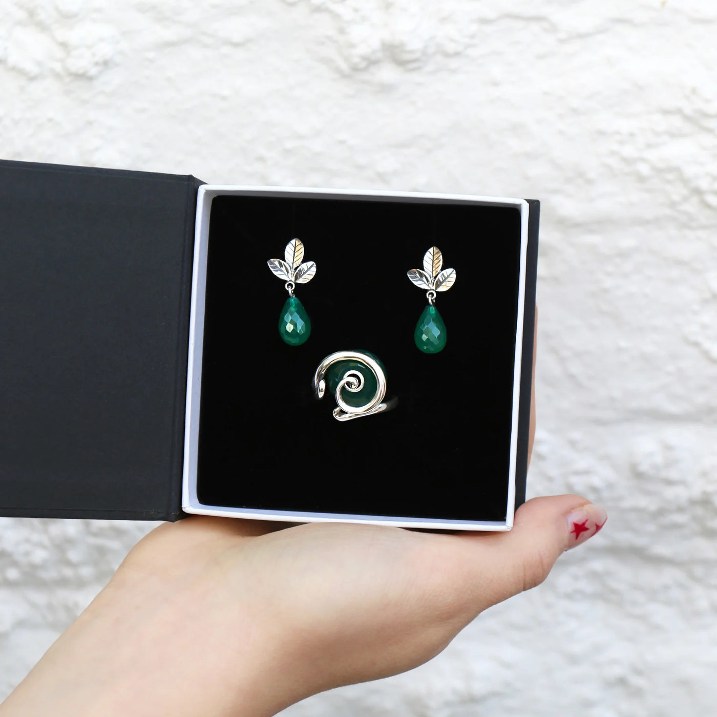 Zauberwald mit grünem Onyx Ring und Ohrring Geschenk Set