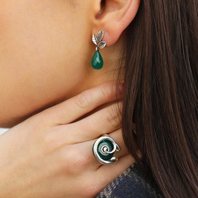 Zauberwald mit grünem Onyx Ring und Ohrring Geschenk Set