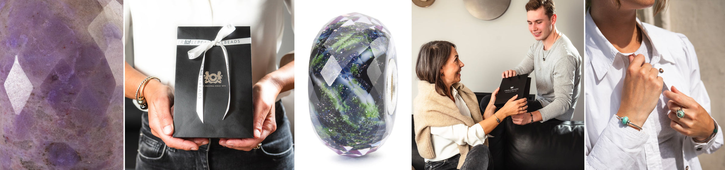 Moodboard mit Bildern von Edelstein- und Glas Beads in den Farben Blau und Violett sowie Lifestyle-Bildern von Trollbeads-Geschenken und Geschenktüten