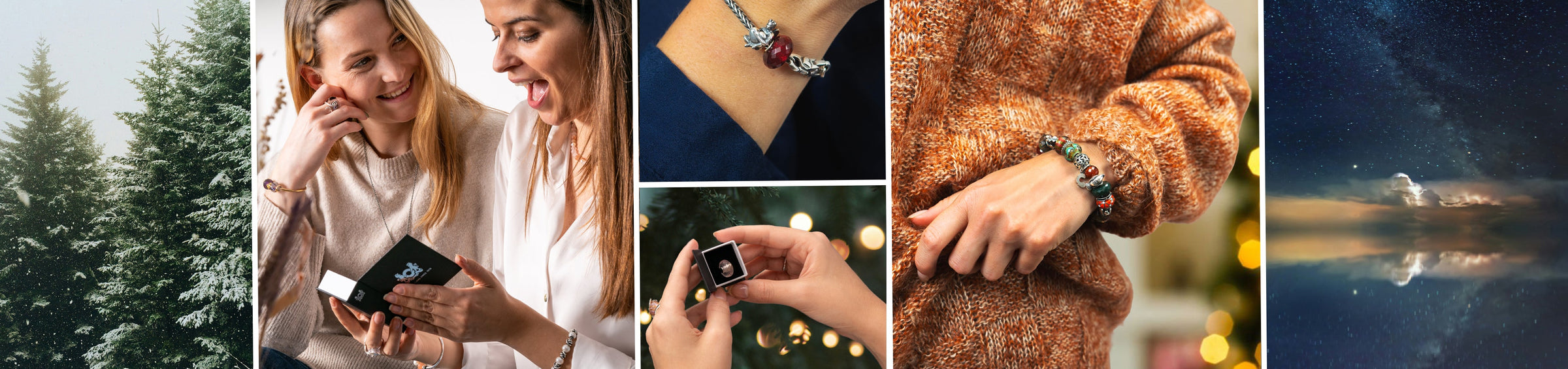 Moodboard-Collage mit Weihnachtsbäumen, Trollbeads-Schmuckgeschenken in Schachteln und winterlicher Natur