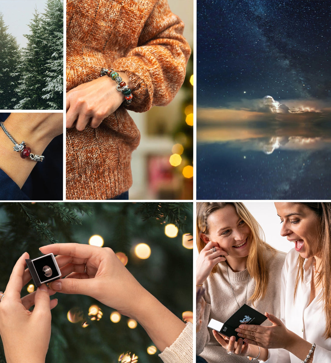 Moodboard-Collage mit Weihnachtsbäumen, Trollbeads-Schmuckgeschenken in Schachteln und winterlicher Natur