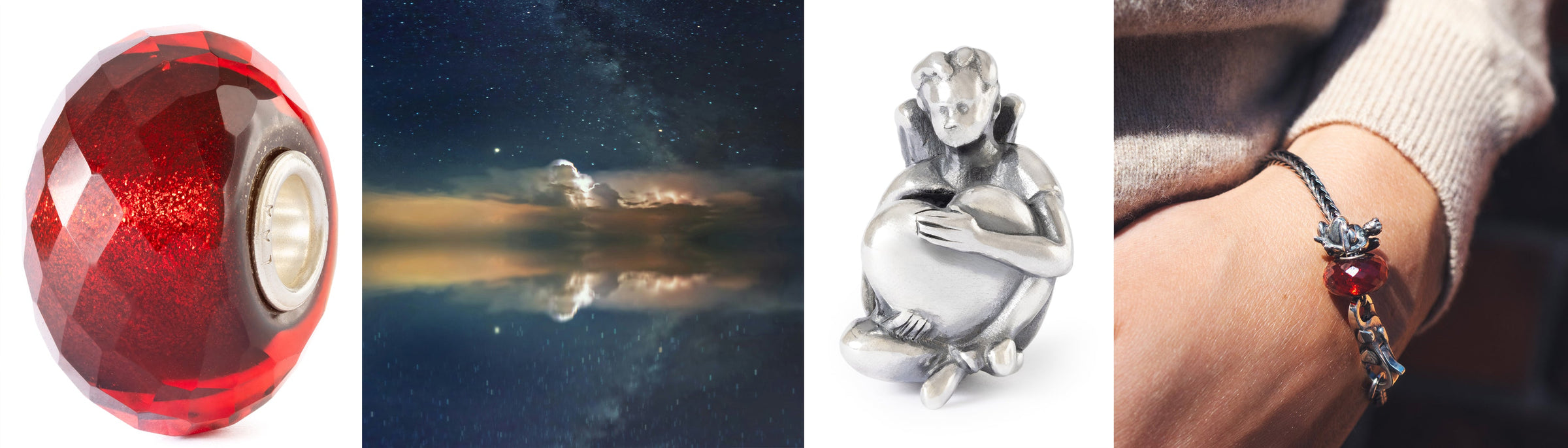 Collage aus rot schimmernden Glasbead, silbernem Engel mit einem Herzen und winterlichem Sternenhimmel