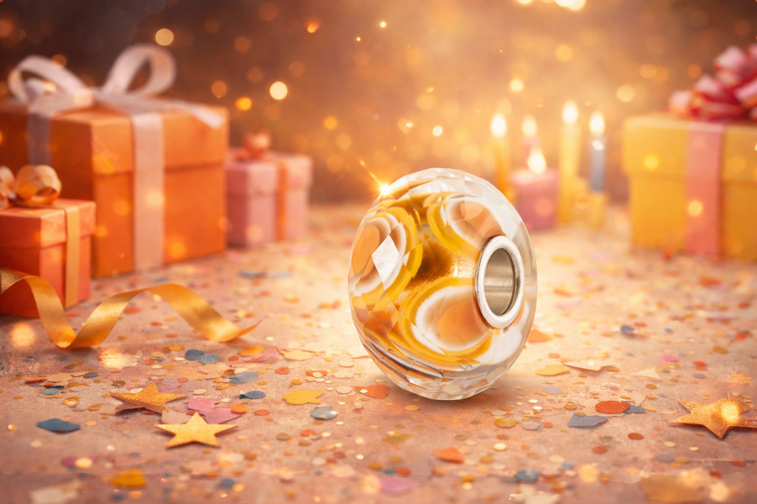 Happy Birthday Bead auf Konfetti und Geschenke und Herzen im Hintergrund