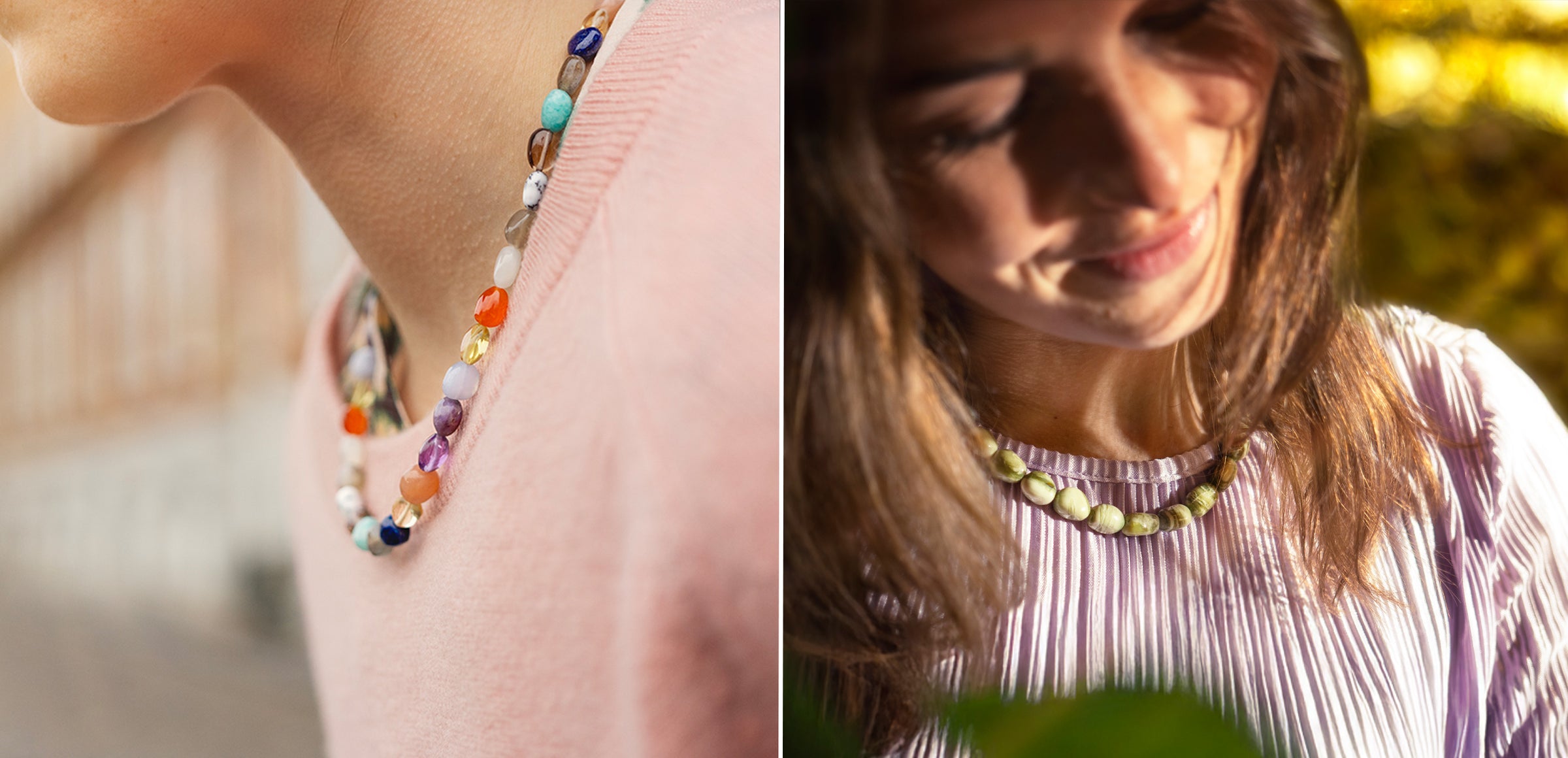 Models mit den neuen Edelstein Collier Halsketten, mit Perlen aus verschiedenen Edelsteinen