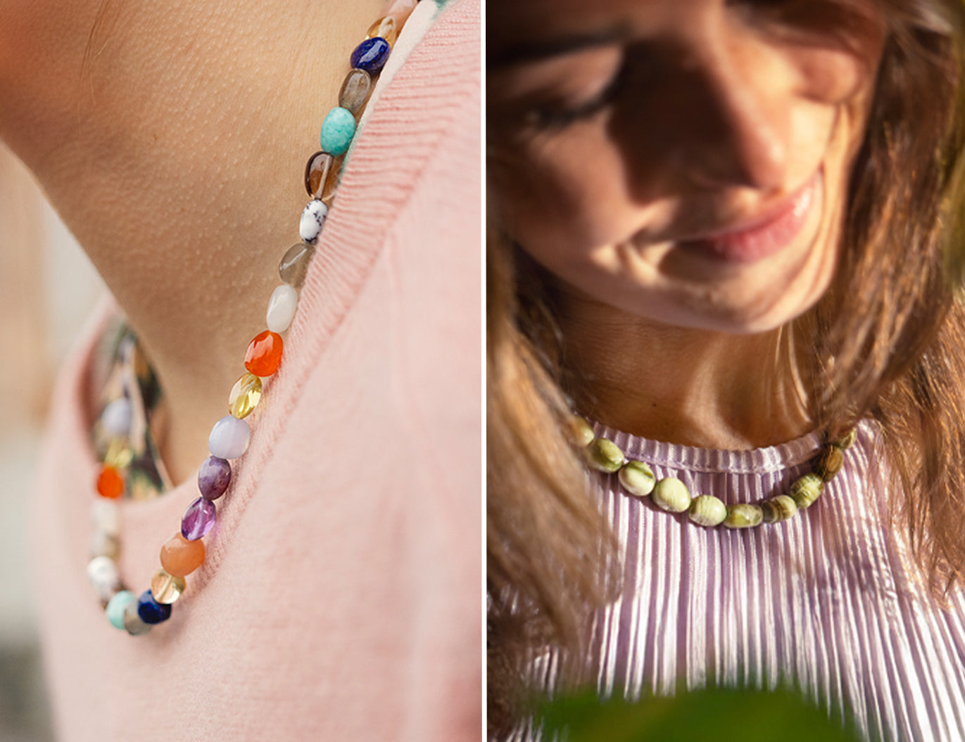 Models mit den neuen Edelstein Collier Halsketten, mit Perlen aus verschiedenen Edelsteinen