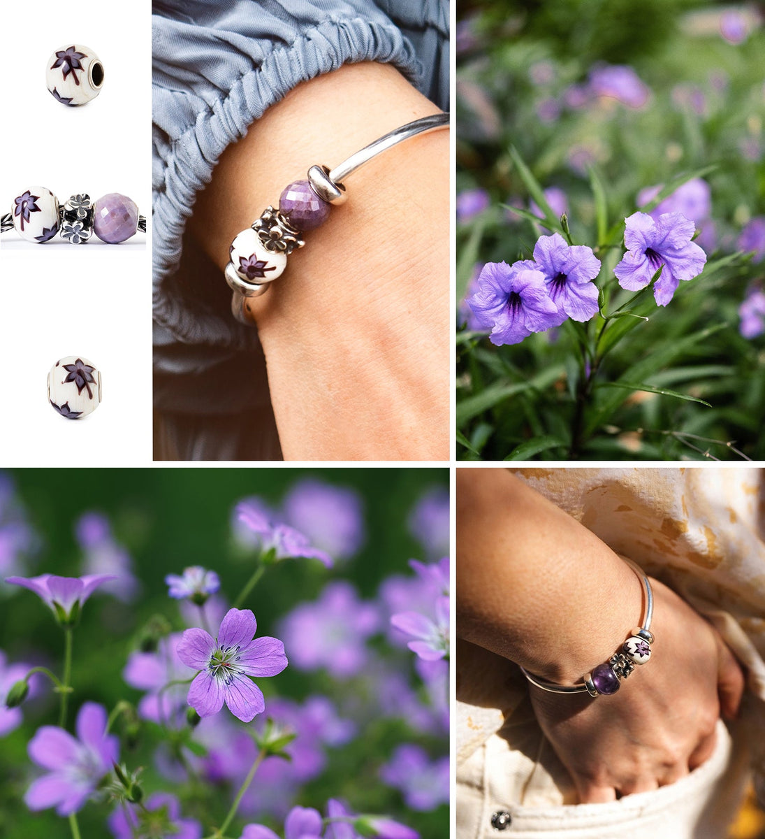Desktop-Moodboard mit lila Blumen und der Club Bead Silent Moments