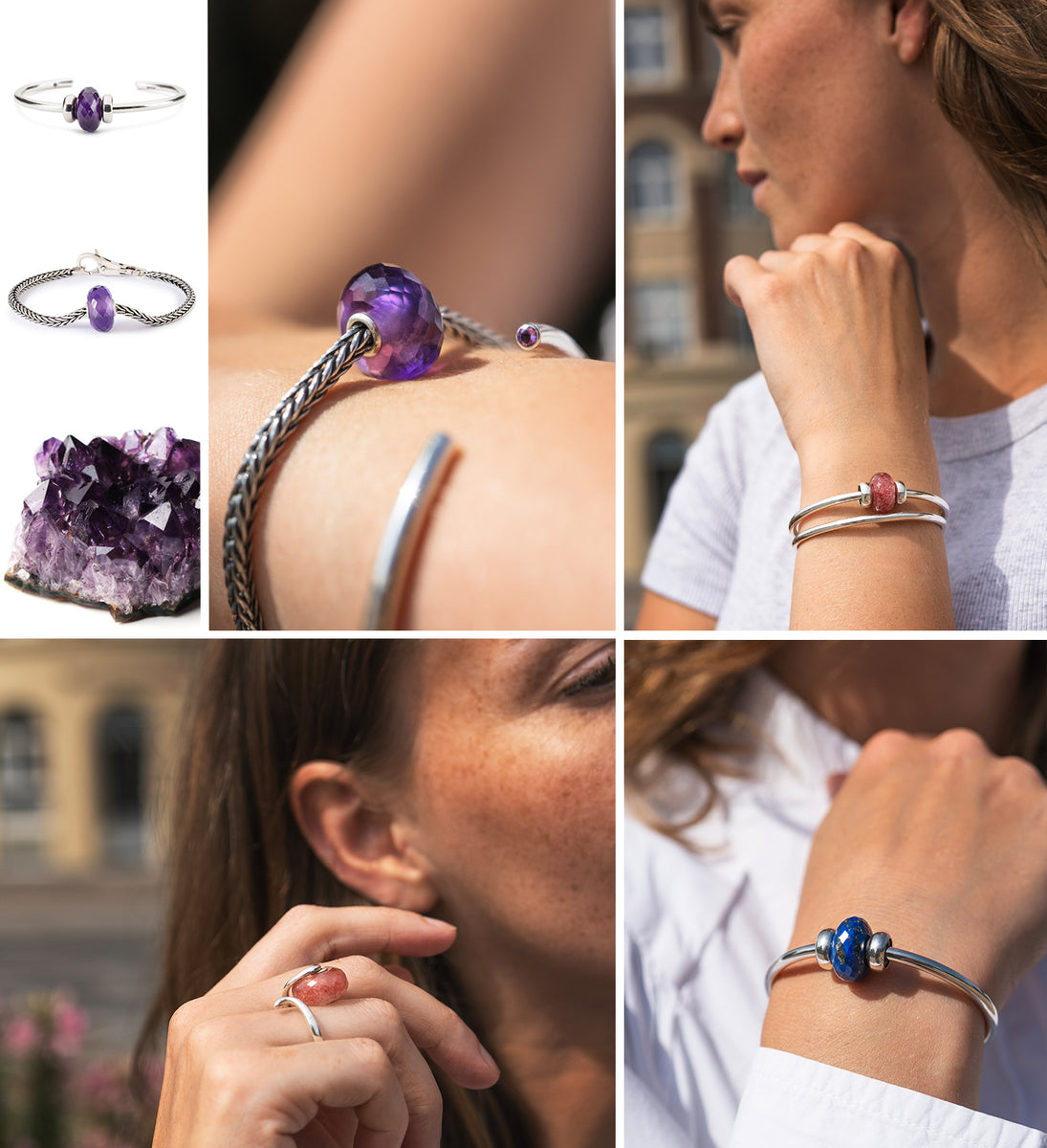 Verschiedene Modelbilder und Trageschmuck mit kraftvollen Edelsteinen und Trägern von Trollbeads