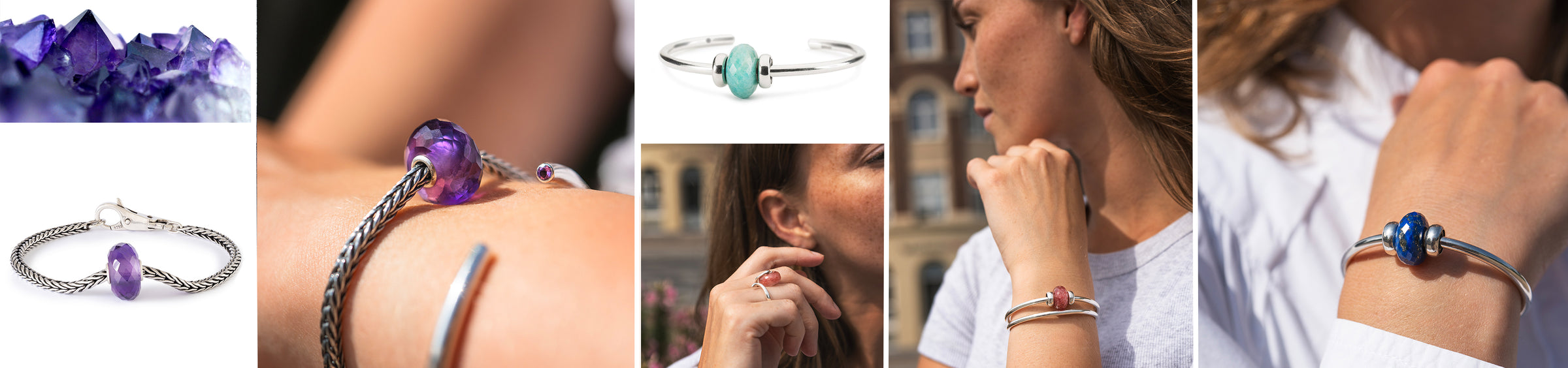 Verschiedene Modelbilder und Trageschmuck mit kraftvollen Edelsteinen und Trägern von Trollbeads