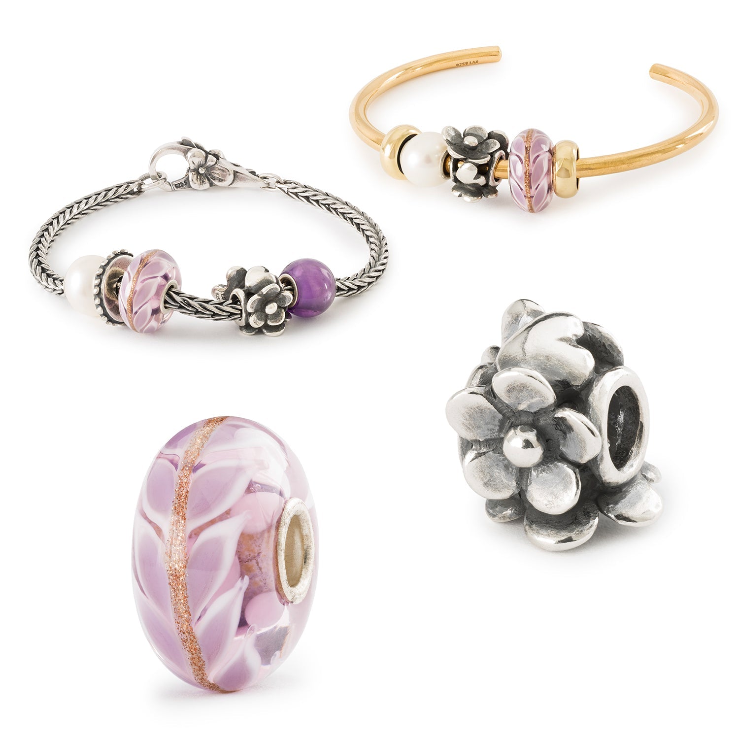 Galerie mit Trollbeads Geschenkideen für den Muttertag, Lavendelliebe Glasbead und Herzensblüte Silberbead