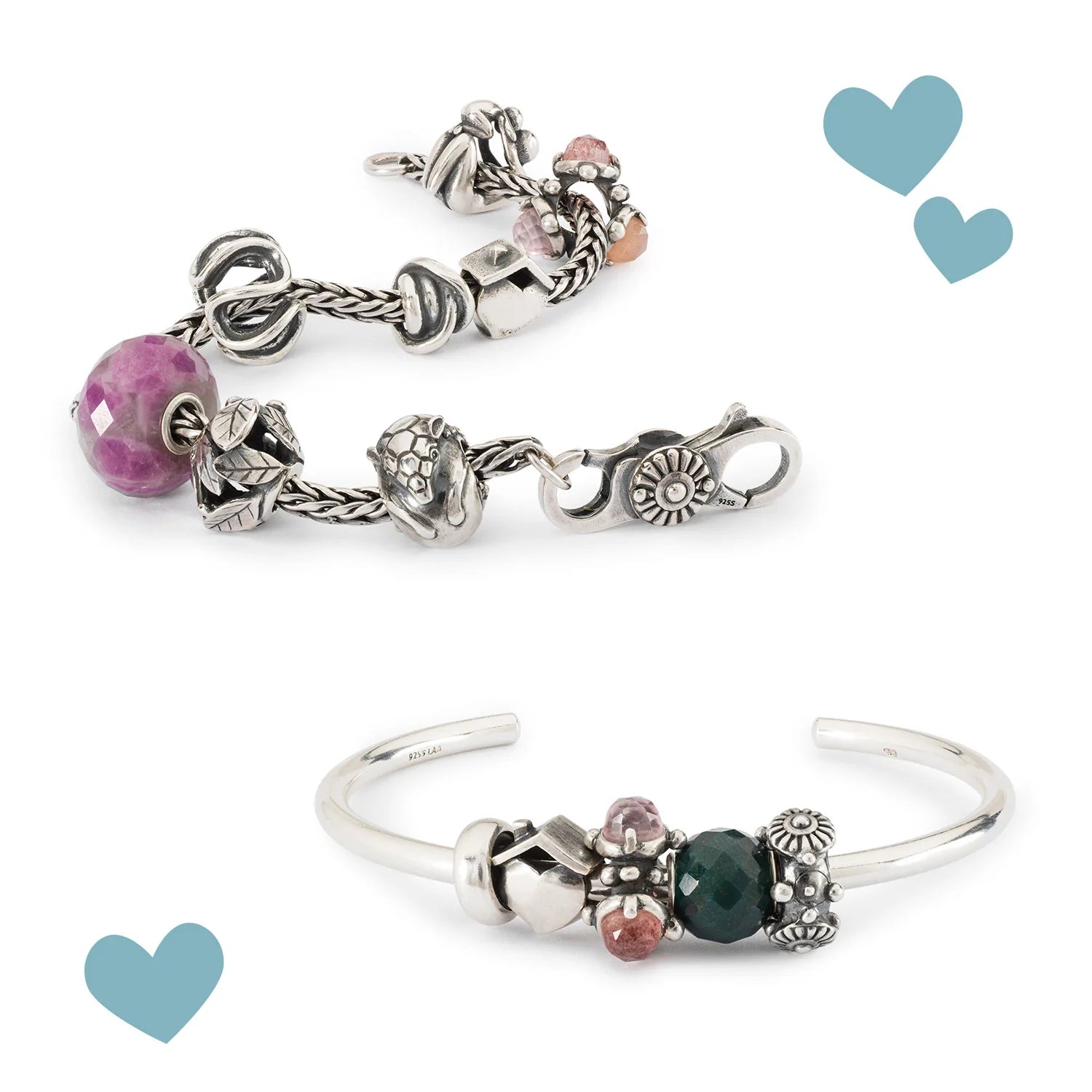 Trollbeads Armspange und Fuchsschwanz-Armband mit Beads aus Edelstein, Silber und Glas
