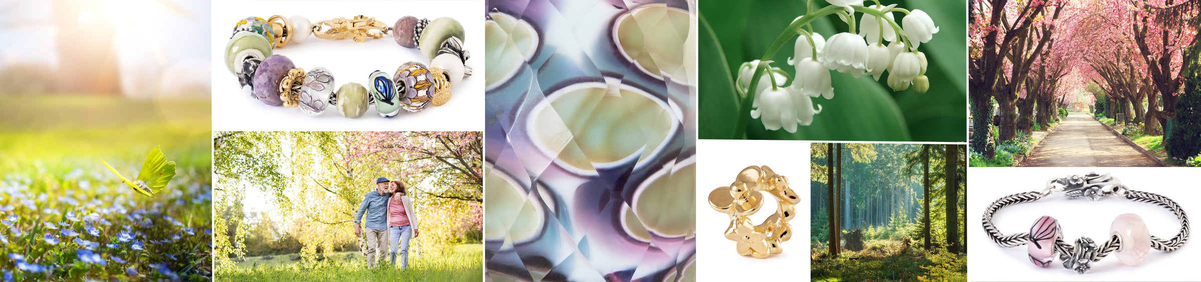 Collage aus verschiedenen Bildern, darunter Schmuck, Naturszenen und Landschaften.