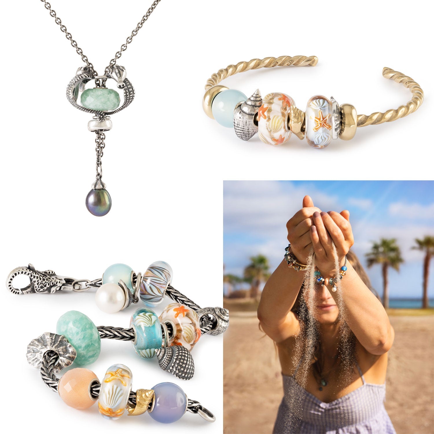 Collage hotspot image with model on bead, gold bangle, Fantasy necklace and bracelet with beads