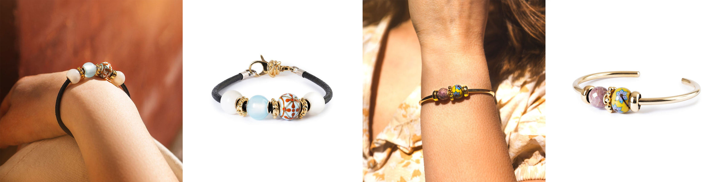 Collage aus vier verschiedenen Bildern von Armbändern mit Beads