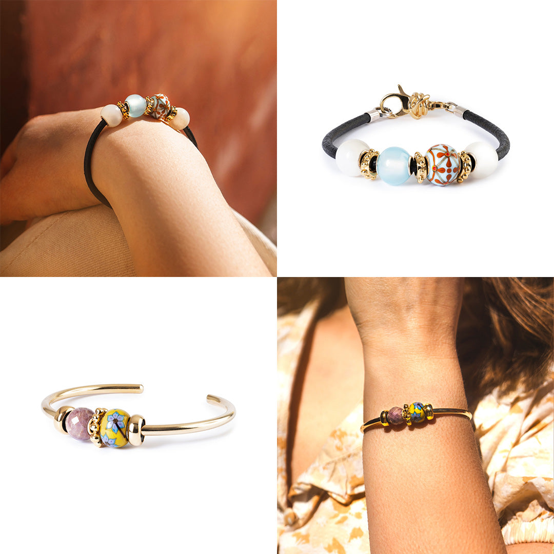 Collage aus vier verschiedenen Bildern von Armbändern mit Beads