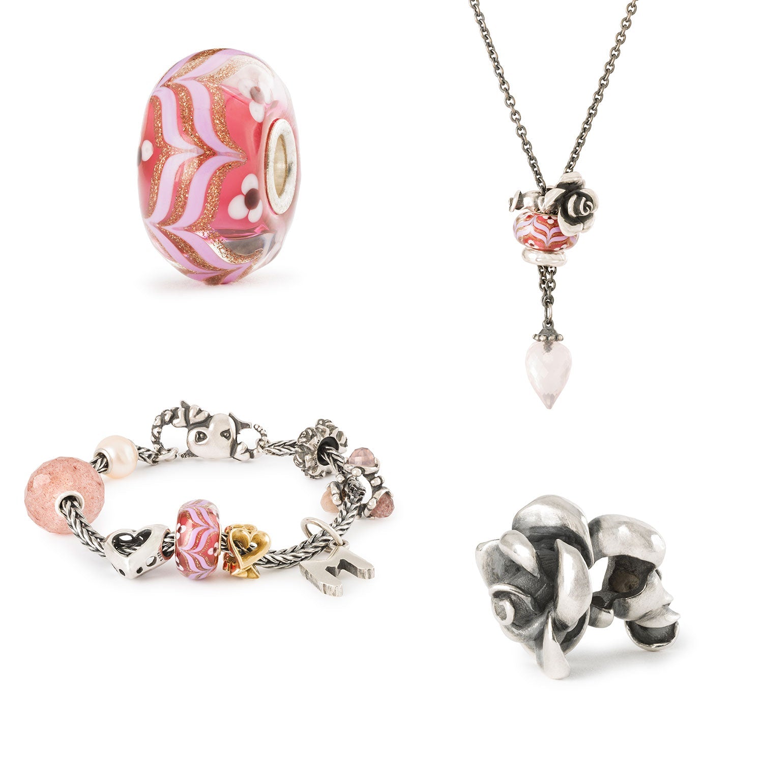 Trollbeads Valentinstag Beads 2024 Liebeserklärung Silber Rose Bead und Pfad der Blüten Glasbead auf einem Armband und einer Halskette gezeigt