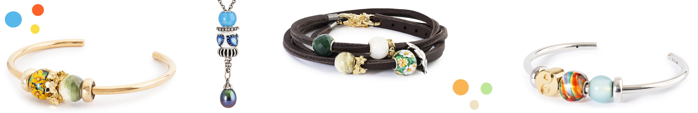 Vier verschiedene Arten von bunten Bead Armbändern auf weißem Hintergrund