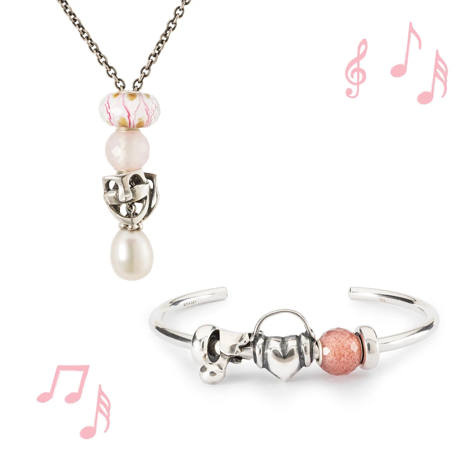 Trollbeads Armspange und Halskette mit Glas-, Silber-, Edelstein- und Perlenbeads, alle mit einem Musik- und Theaterthema